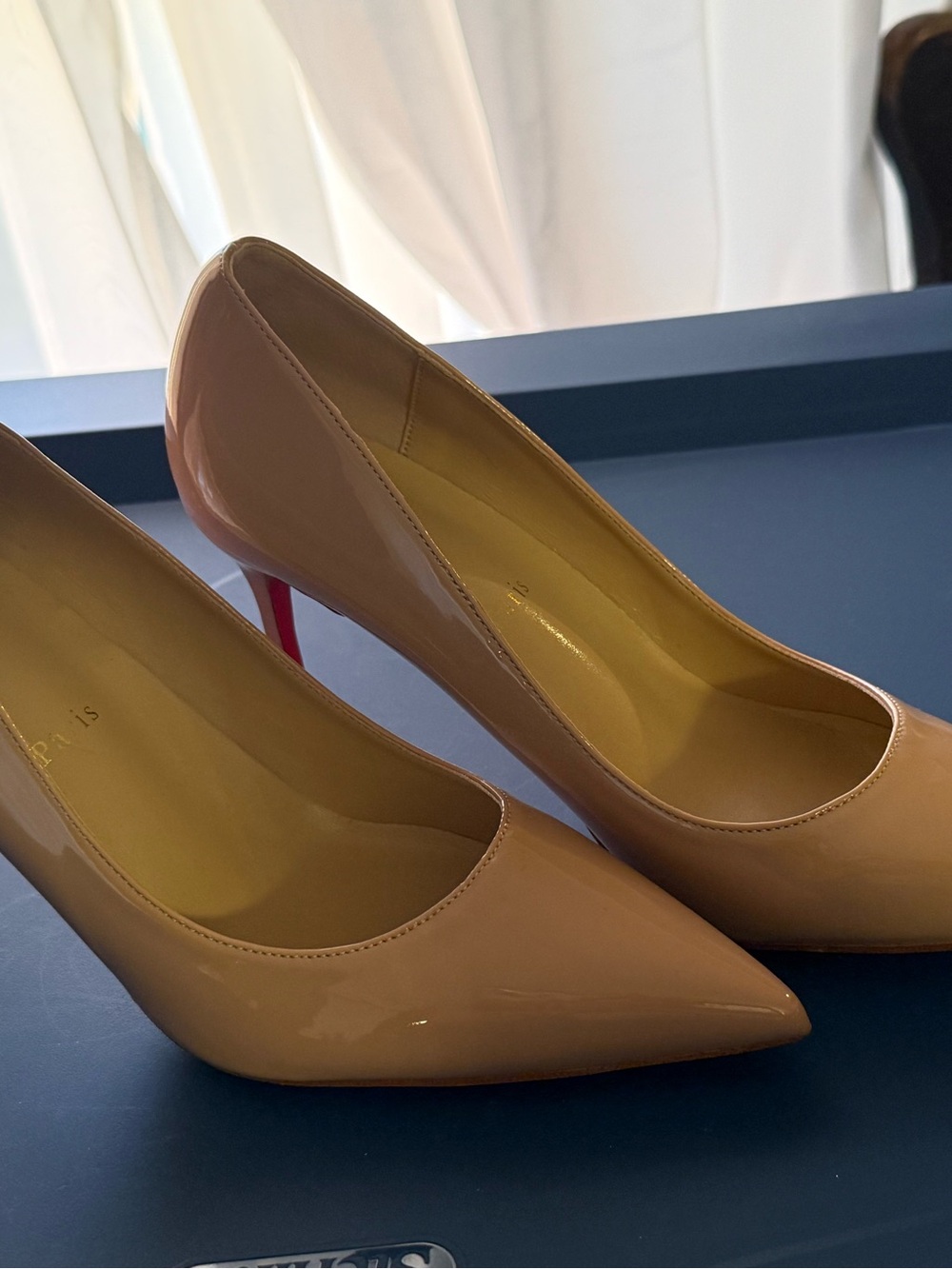 Christian Louboutin Nude Patent Pointed-Toe Pumps with Red Heel